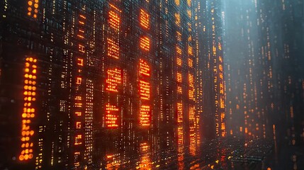 Digital binary code data streaming on a dark, greenish abstract background, reflecting the concept of technology 