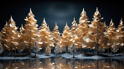 Gold pine trees and glitters on icy blue background covered with white snow - Decoration for winter season, Christmas celebrations, New Year greeting card with copy ...  