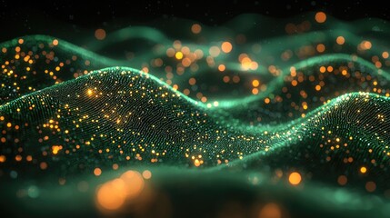 Digital binary code data streaming on a dark, greenish abstract background, reflecting the concept of technology 