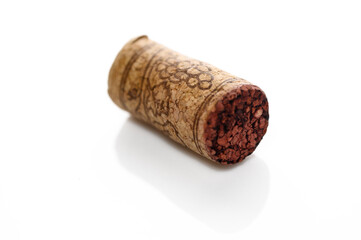 Wine bottle cork Isolated on white background. One Wooden Cork Close up.