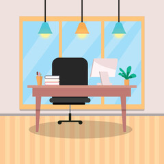 Office vector illustration in flat style. Modern Office Workspace, Corporate Interiors, Furniture, chair, desk, computer, bookcase, clock on the wall and window.