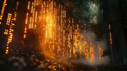 Digital binary code data streaming on a dark, greenish abstract background, reflecting the concept of technology 