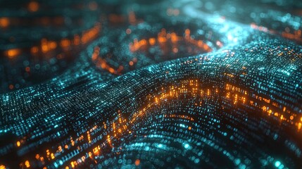 Digital binary code data streaming on a dark, greenish abstract background, reflecting the concept of technology 