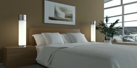 Modern Bedroom with Minimalist Design and Cozy Atmosphere Featuring Neutral Colors and Natural Light