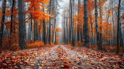 Picturesque Autumn Forest Path Covered in Fallen Leaves. AI generated illustration