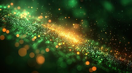 Digital binary code data streaming on a dark, greenish abstract background, reflecting the concept of technology 