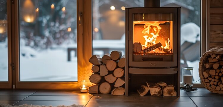 Modern log burner with fire, wood logs rack nearby, warm winter ambiance.