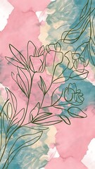 Abstract art background vector. Minimal style wallpaper with floral line art and watercolor background texture.
