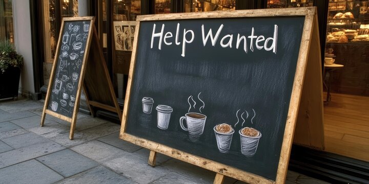Help Wanted Chalkboard Sign Outside Coffee Shop – Job Opportunity for Baristas - Powered by Adobe