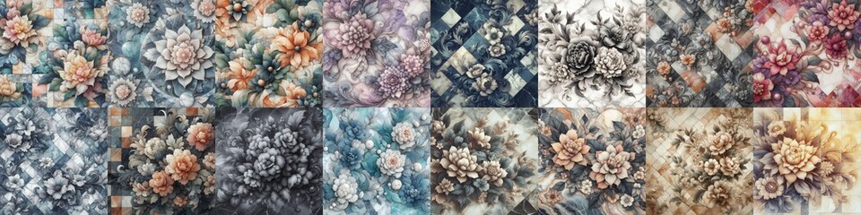 Flowers on marble stone abstraction. AI generated illustration
