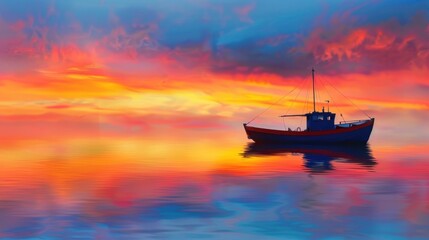 Naklejka premium Sunrise over the Ocean with a Boat