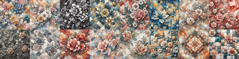 Flowers on marble stone abstraction. AI generated illustration