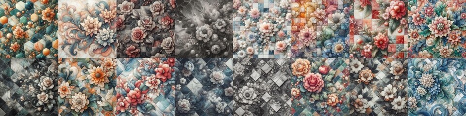 Flowers on marble stone abstraction. AI generated illustration