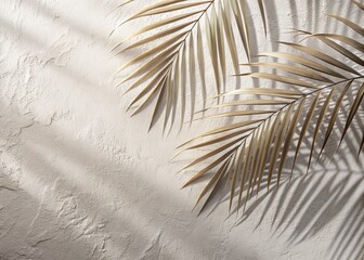 Obraz premium Soft grey beige pastel abstract background with natural leaves' shadows and sunshine diagonal refraction on textured white wall surface.