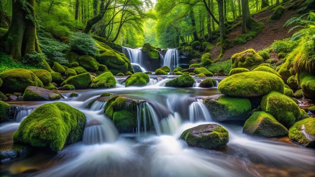 Scenic Mine Creek flows gently over moss-covered boulders, culminating in a serene waterfall surrounded by lush green forest landscape.