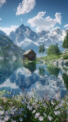 Fototapeta premium Tranquil Lake Reflecting the Surrounding Forest. AI generated illustration