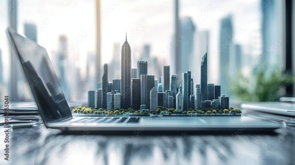Poster clean workspace with an open laptop and a futuristic city model