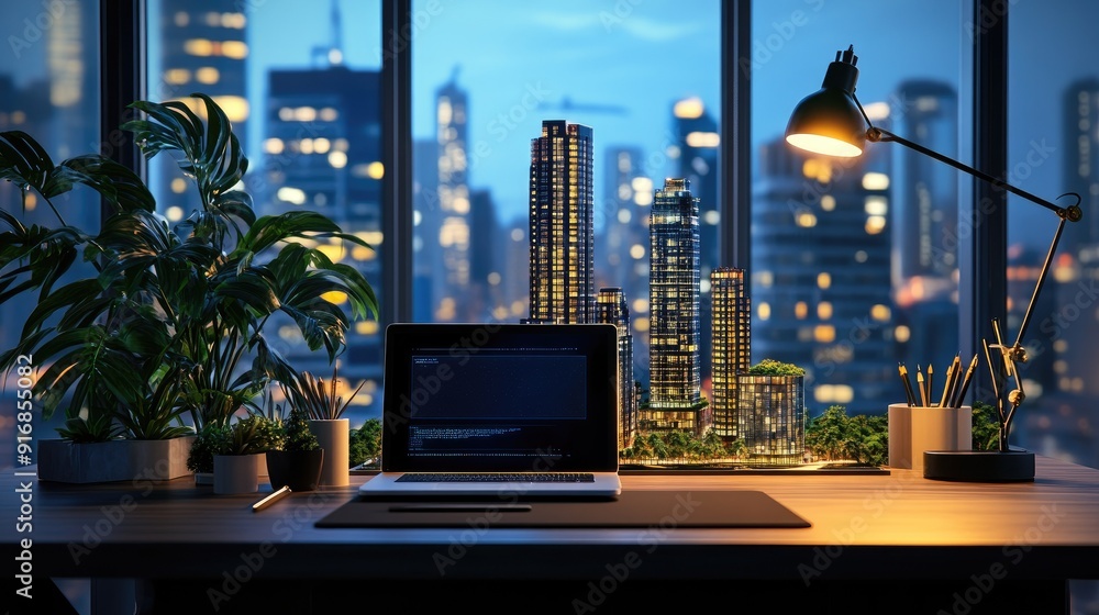 Poster clean workspace with an open laptop and a futuristic city model