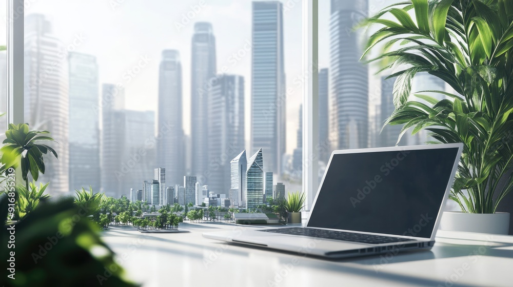 Poster clean workspace with an open laptop and a futuristic city model