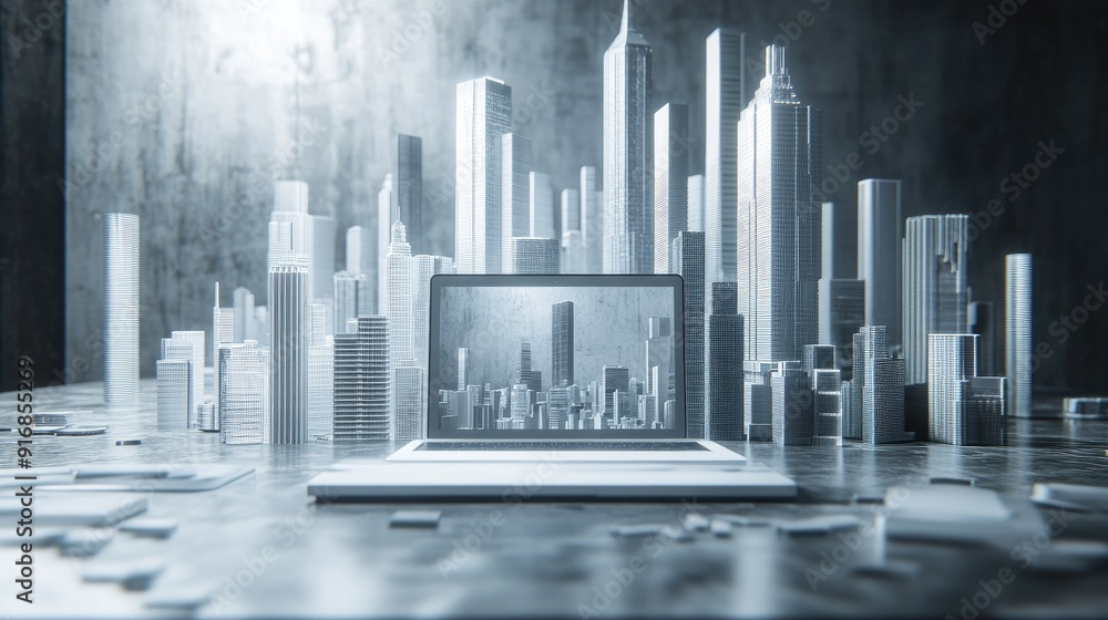 Poster clean workspace with an open laptop and a futuristic city model