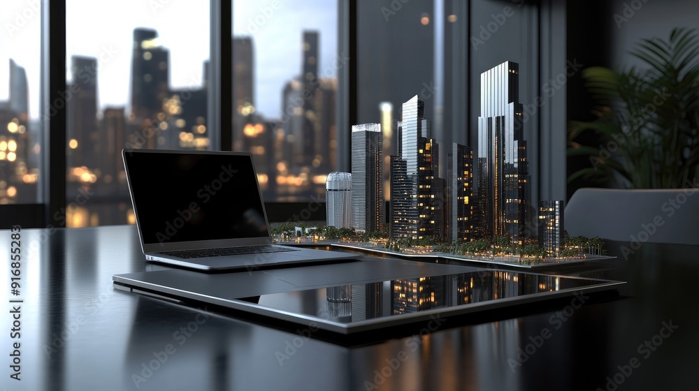 Poster clean workspace with an open laptop and a futuristic city model