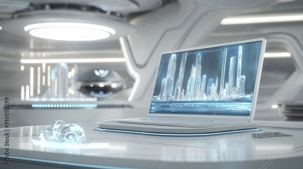 Aufkleber clean workspace with an open laptop and a futuristic city model