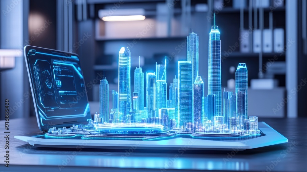 Poster clean workspace with an open laptop and a futuristic city model