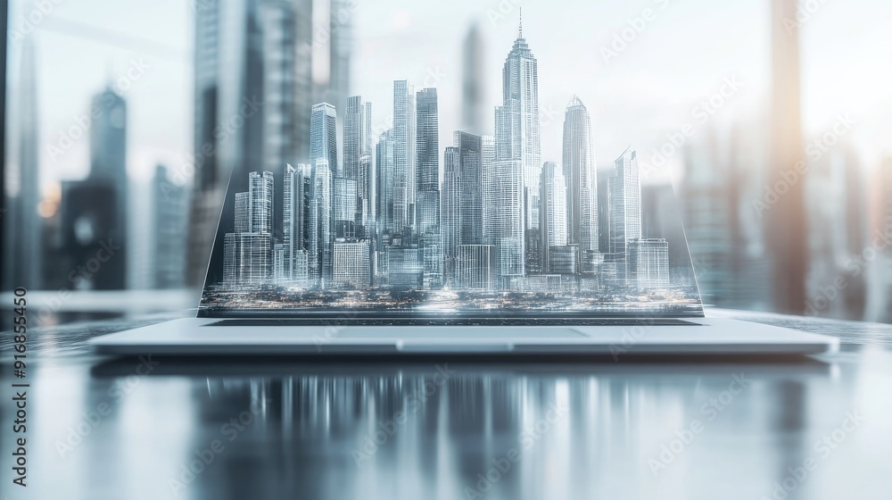 Poster clean workspace with an open laptop and a futuristic city model