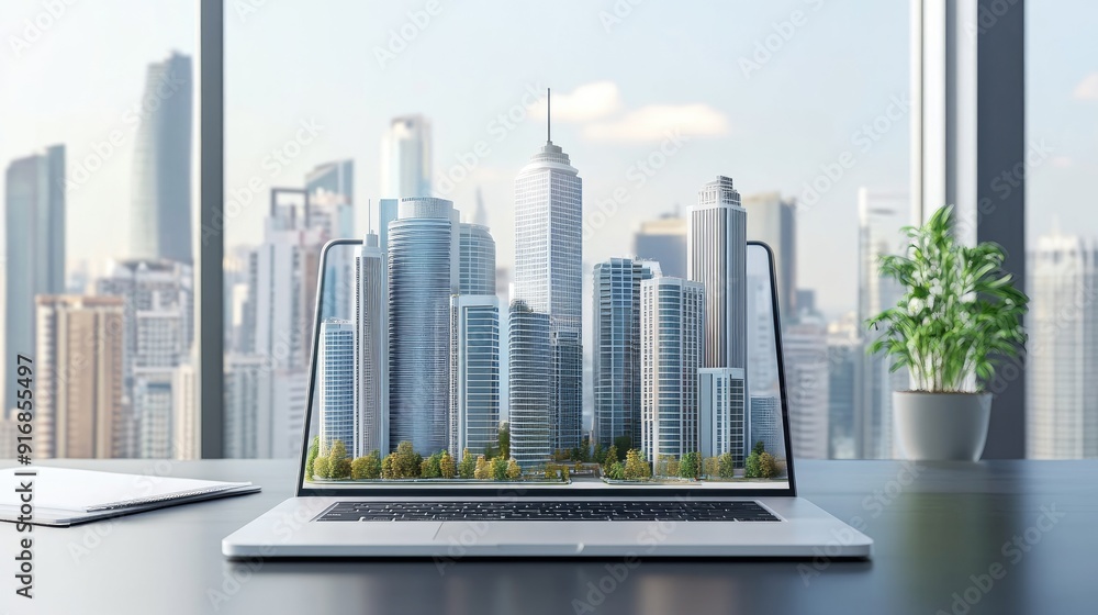 Aufkleber clean workspace with an open laptop and a futuristic city model
