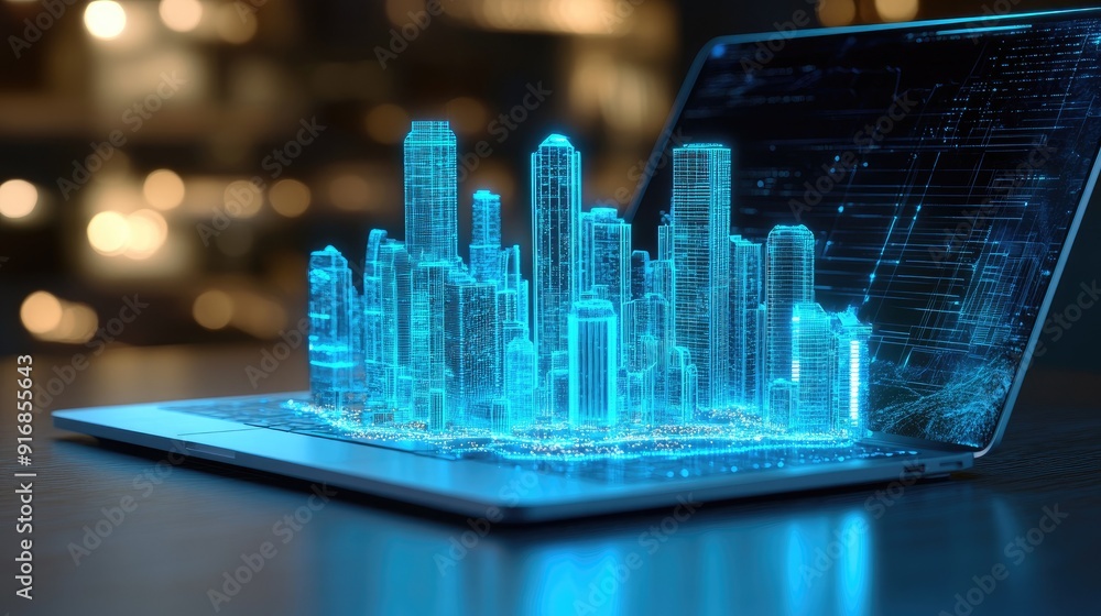 Poster Clean workspace with an open laptop and a futuristic city model