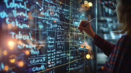 A person writing equations and formulas on a glass screen, showcasing the process of logical reasoning and smart thinking