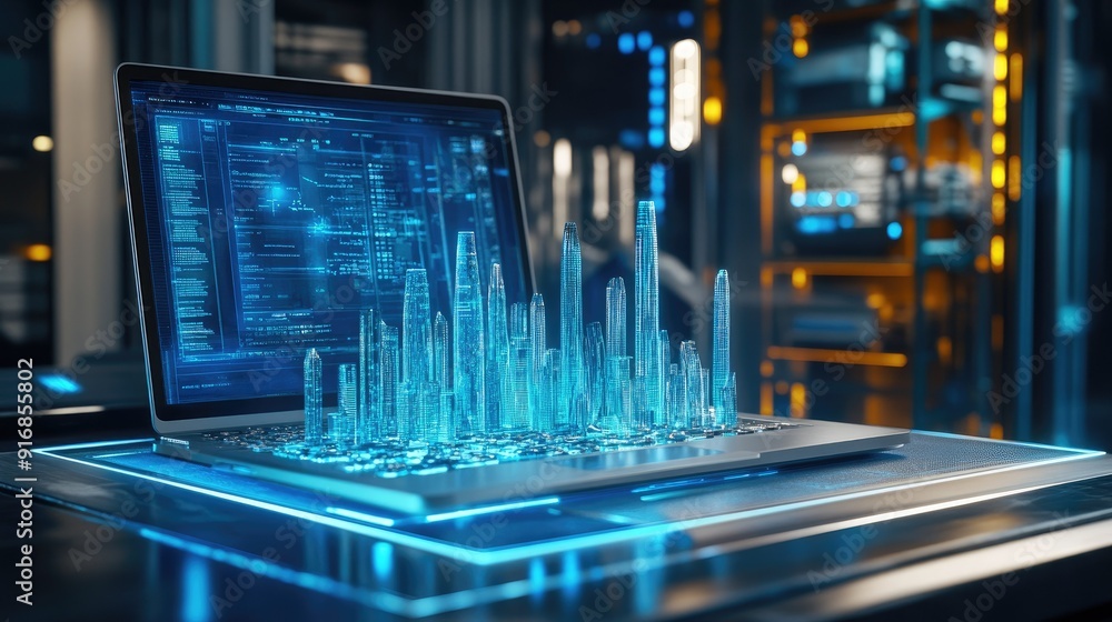 Poster clean workspace with an open laptop and a futuristic city model