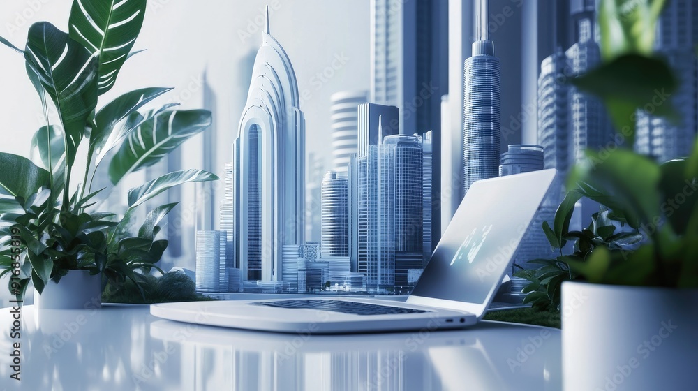 Poster clean workspace with an open laptop and a futuristic city model