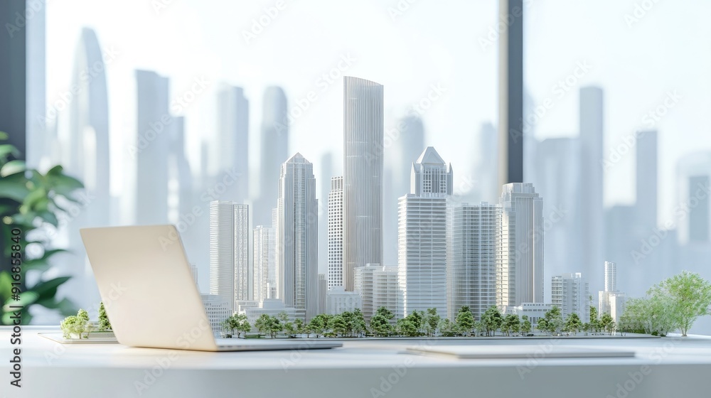 Poster clean workspace with an open laptop and a futuristic city model