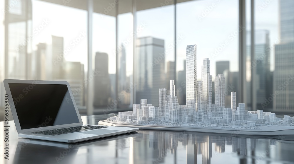 Poster clean workspace with an open laptop and a futuristic city model