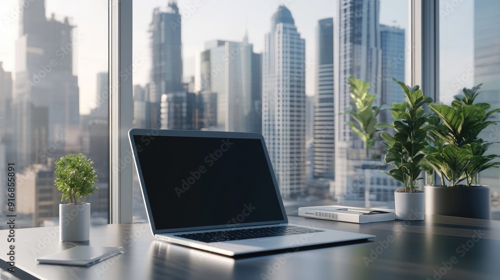 Poster clean workspace with an open laptop and a futuristic city model