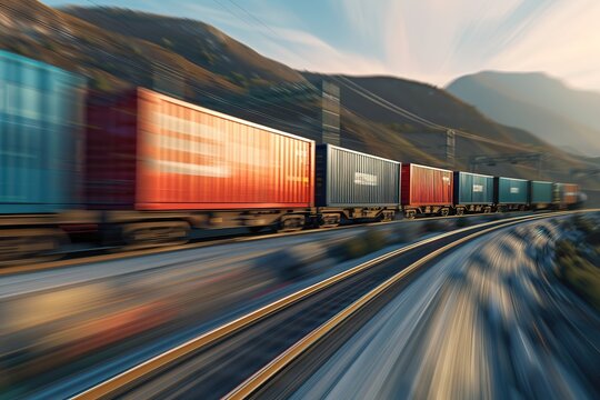 Freight train in motion with containers
