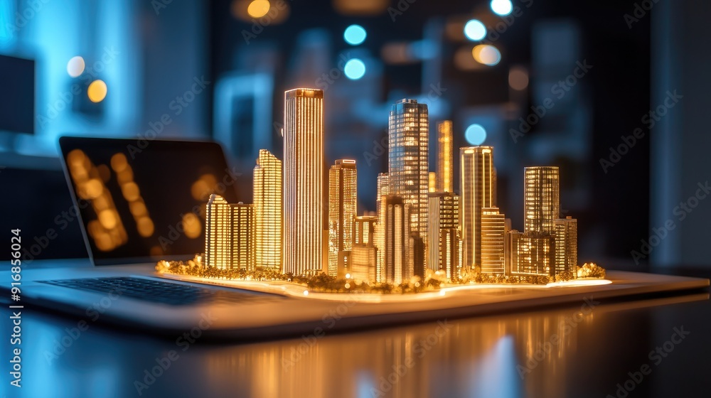 Poster clean workspace with an open laptop and a futuristic city model