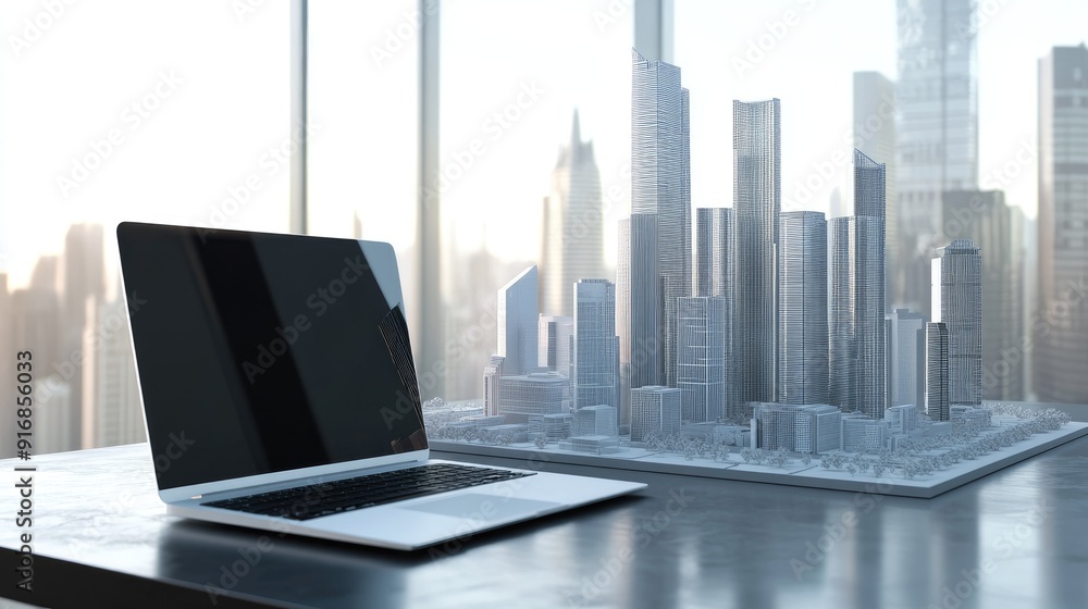 Aufkleber clean workspace with an open laptop and a futuristic city model
