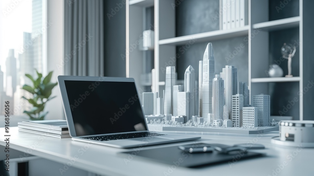 Poster clean workspace with an open laptop and a futuristic city model
