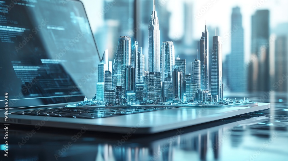 Poster clean workspace with an open laptop and a futuristic city model