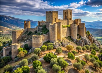 Ancient crumbling stone walls and towers of 14th-century Castle of La Aragonesa rise from rolling hills, surrounded by olive groves, near Andujar, Jaén, Spain.