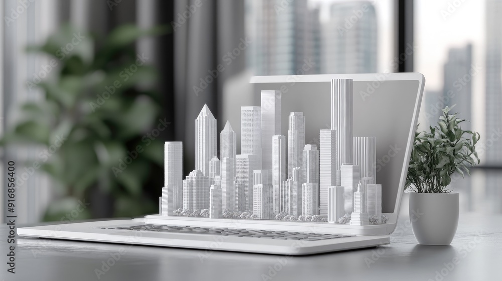 Poster clean workspace with an open laptop and a futuristic city model