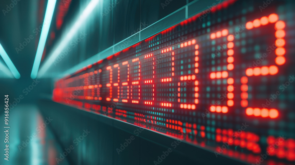 Poster close-up of a digital display board with red numbers, signifying stock market or data analytics in a