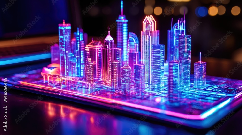 Poster clean workspace with an open laptop and a futuristic city model