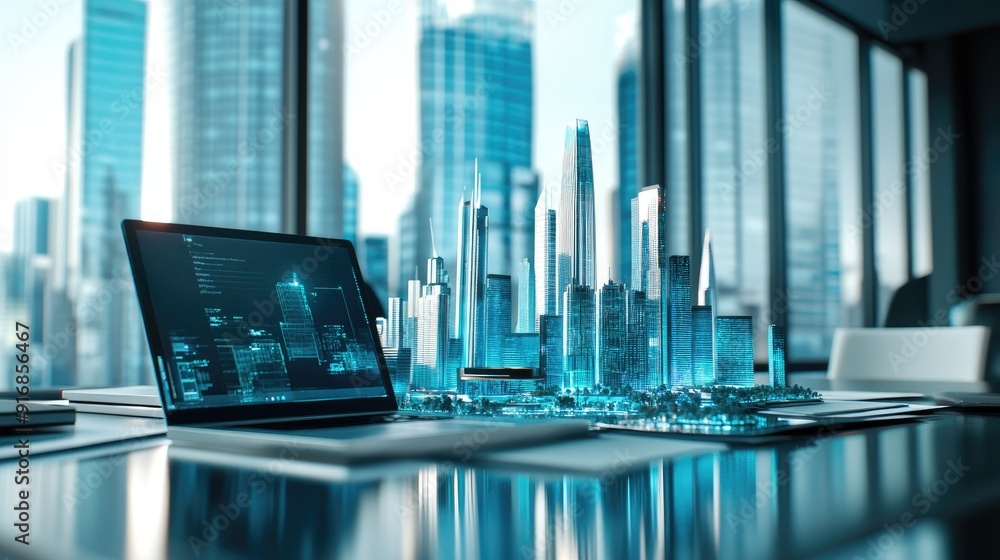 Poster clean workspace with an open laptop and a futuristic city model