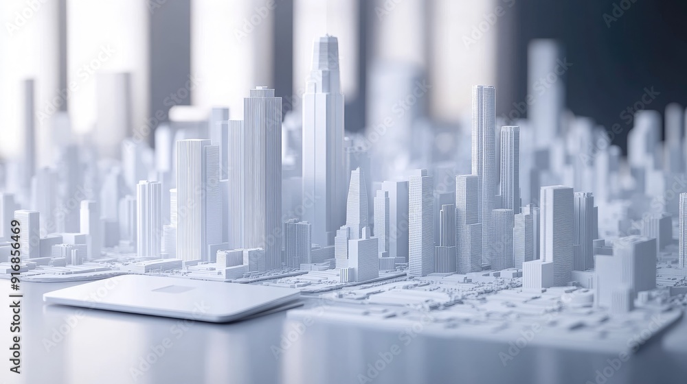 Poster clean workspace with an open laptop and a futuristic city model