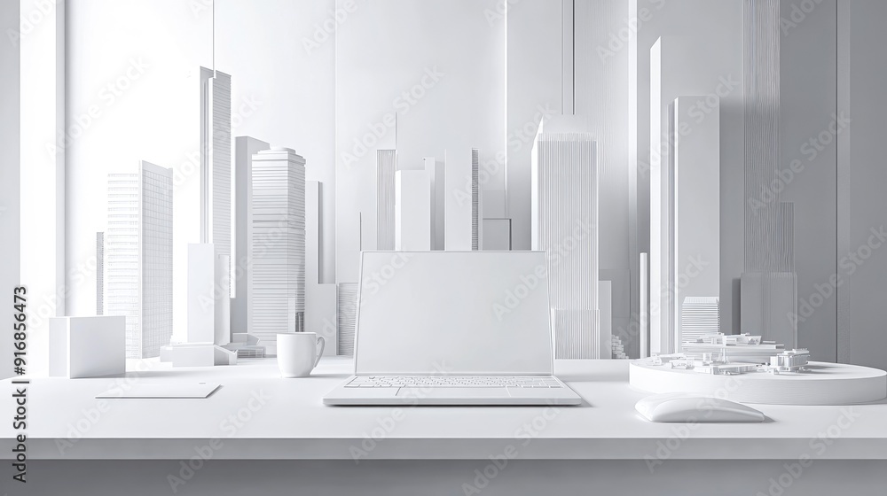 Poster clean workspace with an open laptop and a futuristic city model