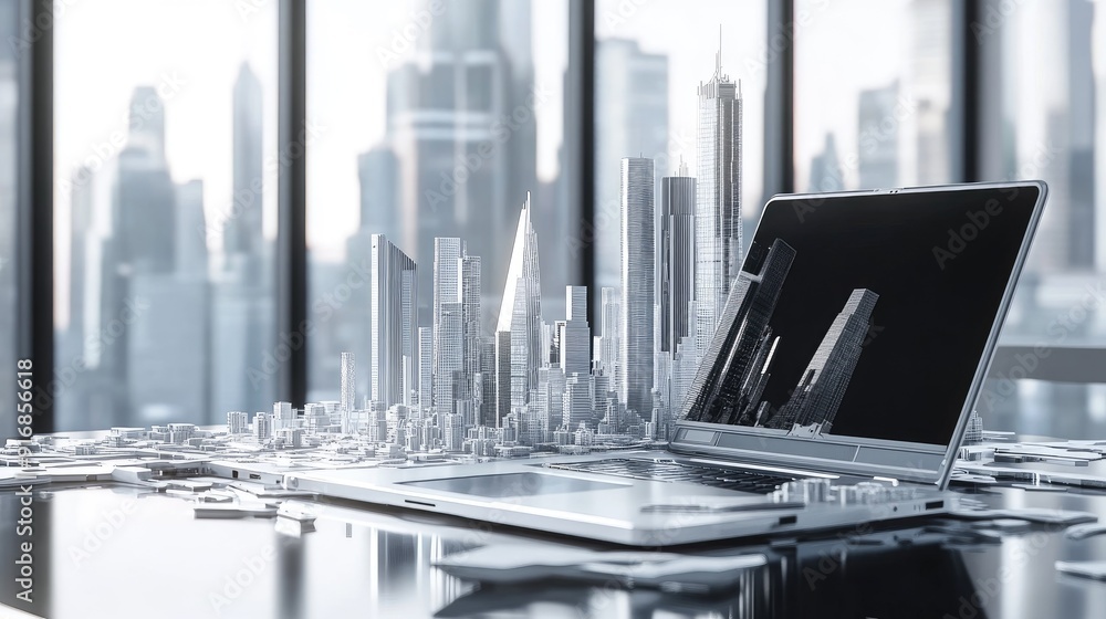 Poster clean workspace with an open laptop and a futuristic city model
