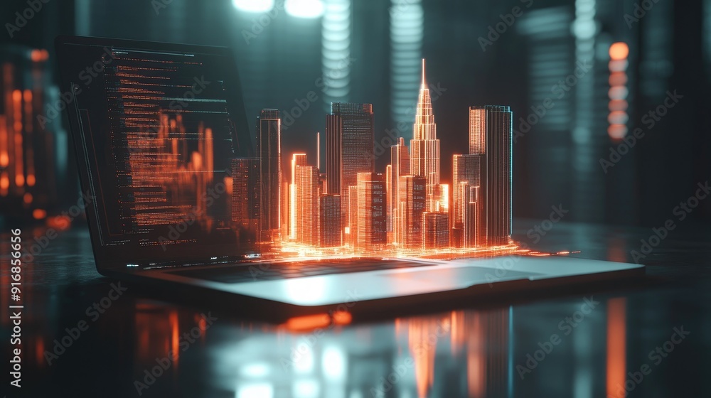 Poster clean workspace with an open laptop and a futuristic city model